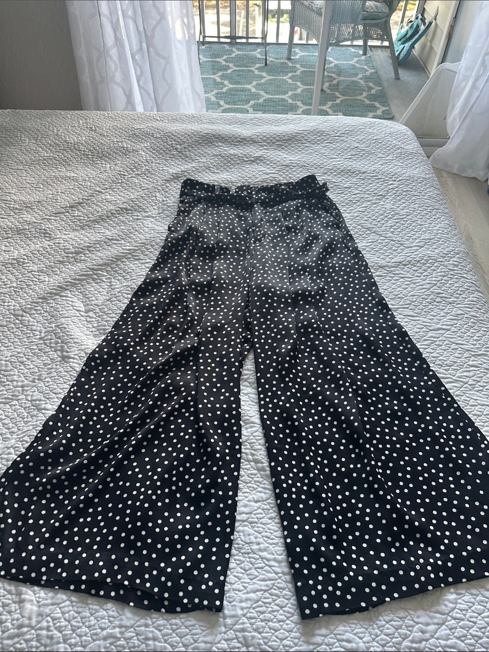 Maeve Anthropology 8 Flared Full Belted Black and White Polka Dot Maxi Pants